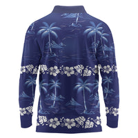 Blue Hawaii Palm Tree Hibiscus Long Sleeve Polo Shirt Fantasy Summer Vibe