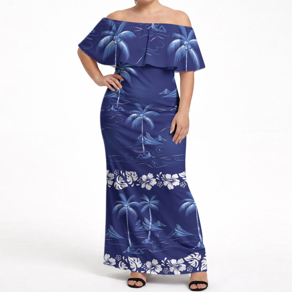 Blue Hawaii Palm Tree Hibiscus Off Shoulder Maxi Dress Fantasy Summer Vibe