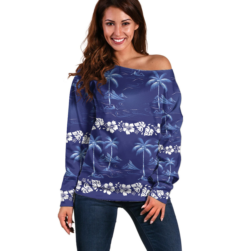 Blue Hawaii Palm Tree Hibiscus Off Shoulder Sweater Fantasy Summer Vibe