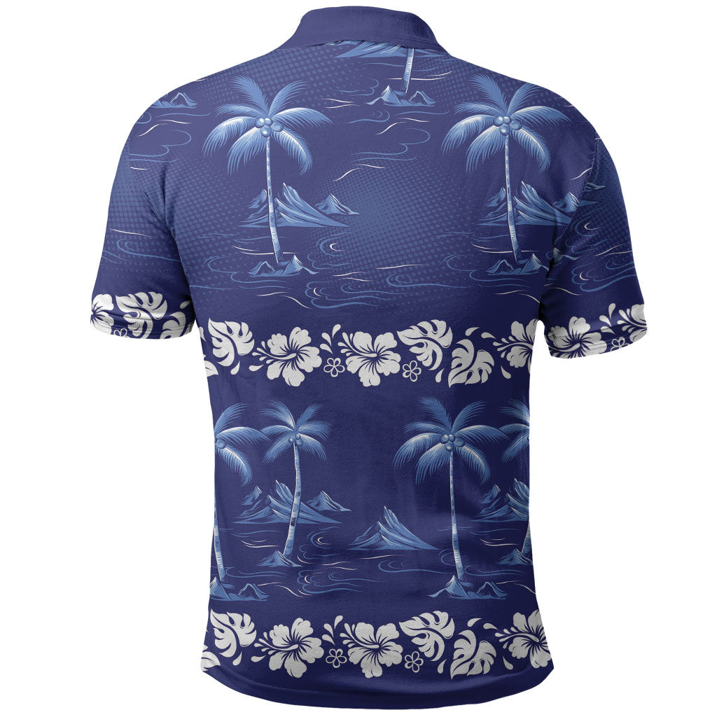 Blue Hawaii Palm Tree Hibiscus Polo Shirt Fantasy Summer Vibe