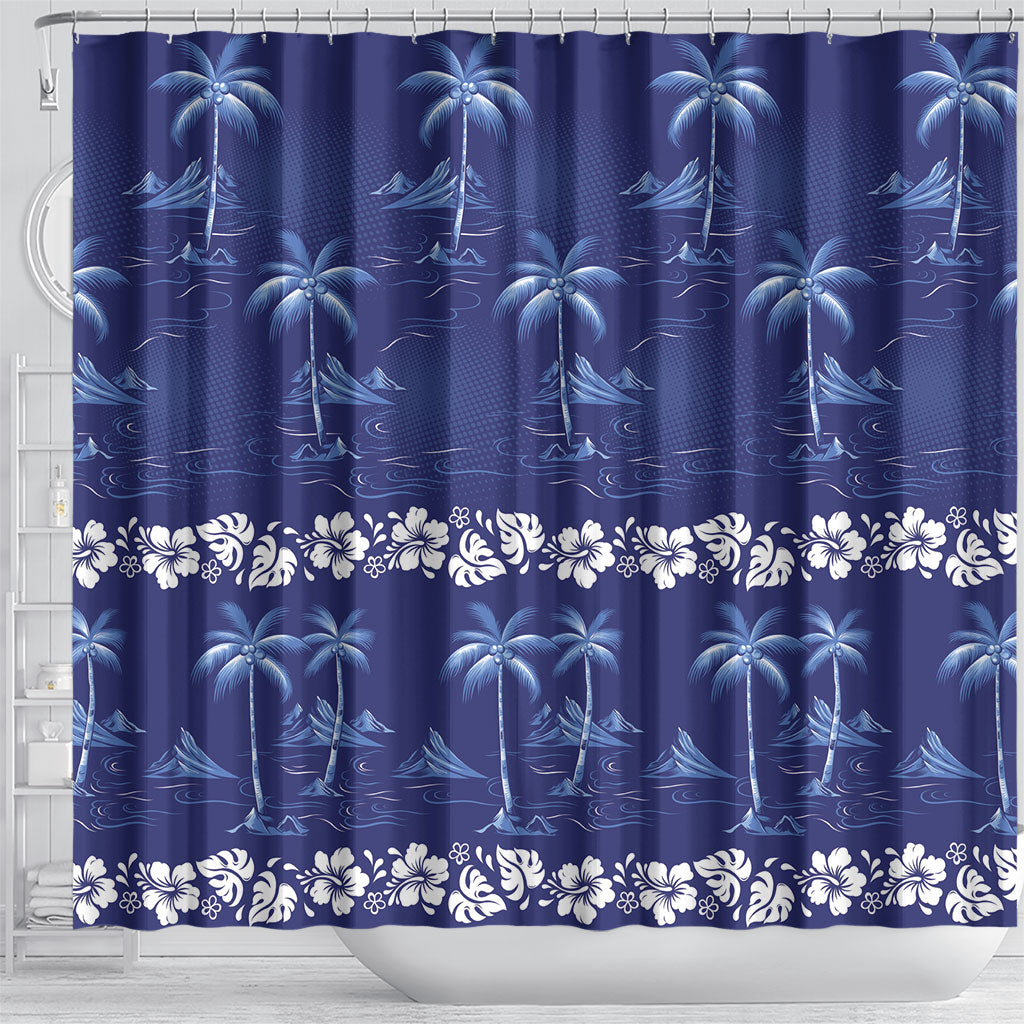Blue Hawaii Palm Tree Hibiscus Shower Curtain Fantasy Summer Vibe