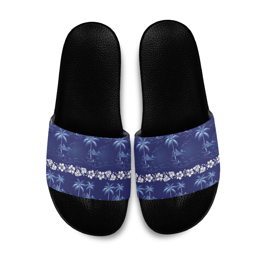 Blue Hawaii Palm Tree Hibiscus Slide Sandals Fantasy Summer Vibe
