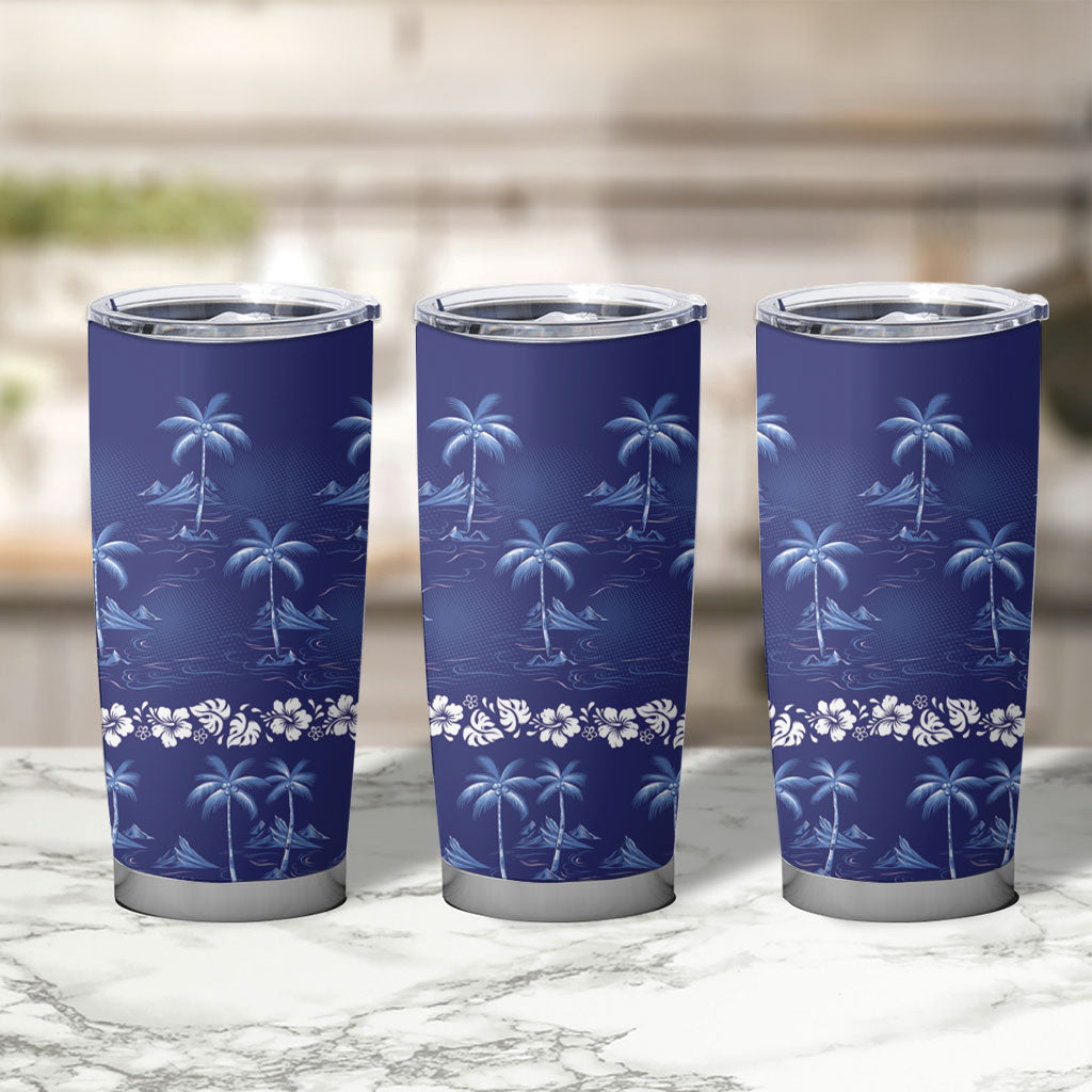 Blue Hawaii Palm Tree Hibiscus Tumbler Cup Fantasy Summer Vibe