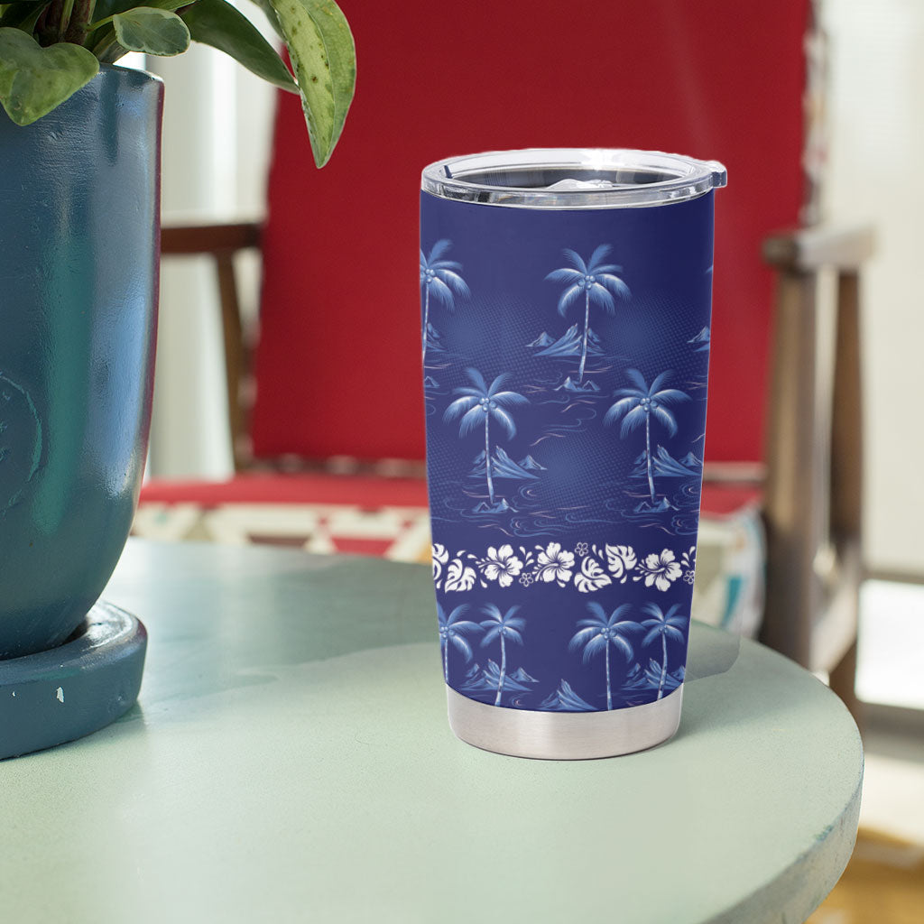 Blue Hawaii Palm Tree Hibiscus Tumbler Cup Fantasy Summer Vibe