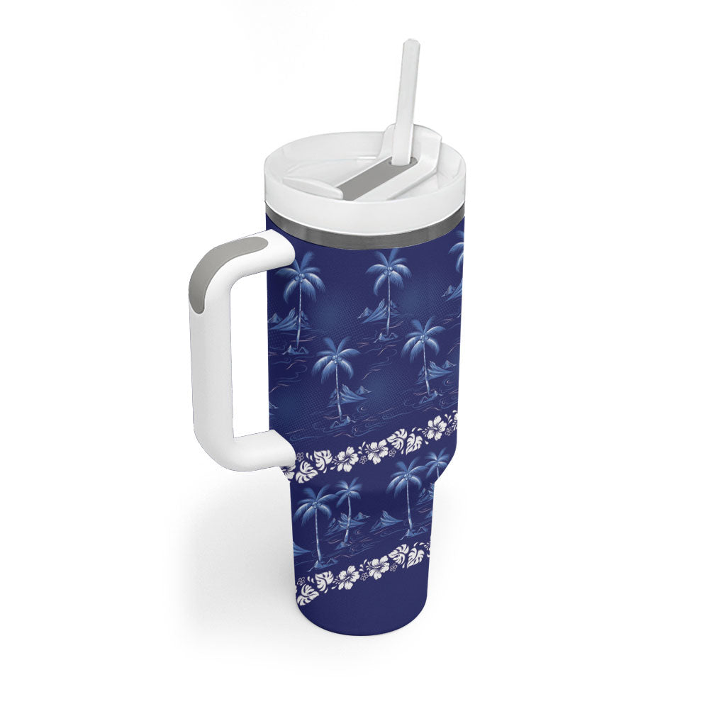 Blue Hawaii Palm Tree Hibiscus Tumbler With Handle Fantasy Summer Vibe