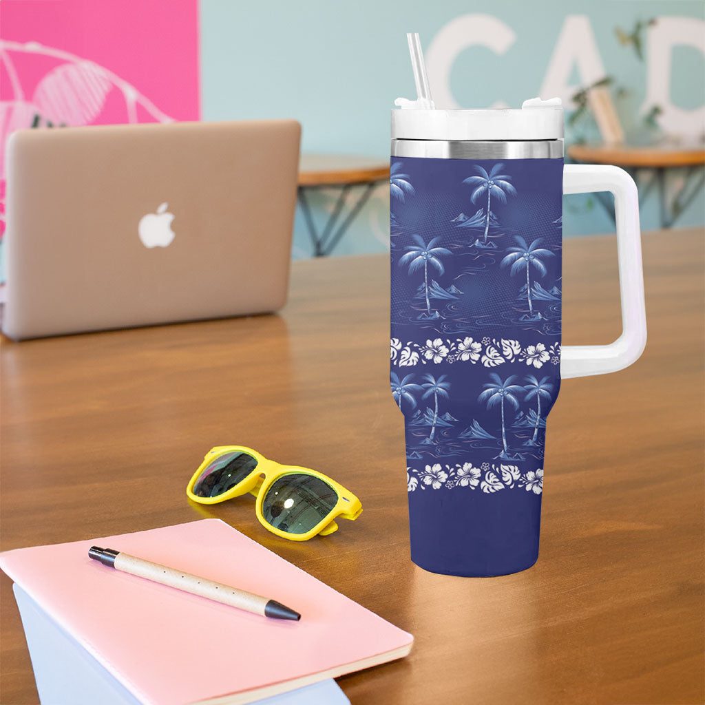 Blue Hawaii Palm Tree Hibiscus Tumbler With Handle Fantasy Summer Vibe