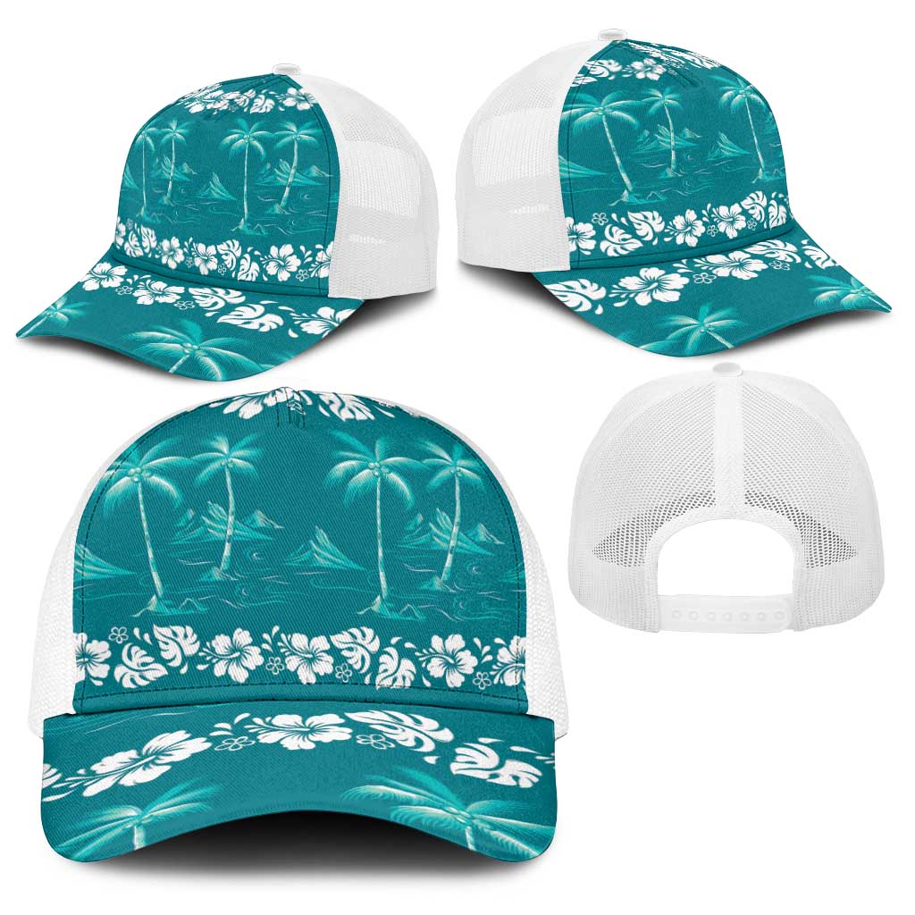 Cyan Hawaii Palm Tree Hibiscus Baseball Net Cap Fantasy Summer Vibe LT01 - Polynesian Pride