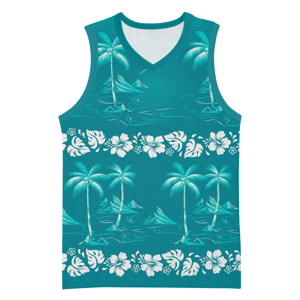 Cyan Hawaii Palm Tree Hibiscus Basketball Jersey Fantasy Summer Vibe