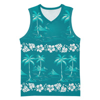 Cyan Hawaii Palm Tree Hibiscus Basketball Jersey Fantasy Summer Vibe