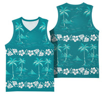 Cyan Hawaii Palm Tree Hibiscus Basketball Jersey Fantasy Summer Vibe