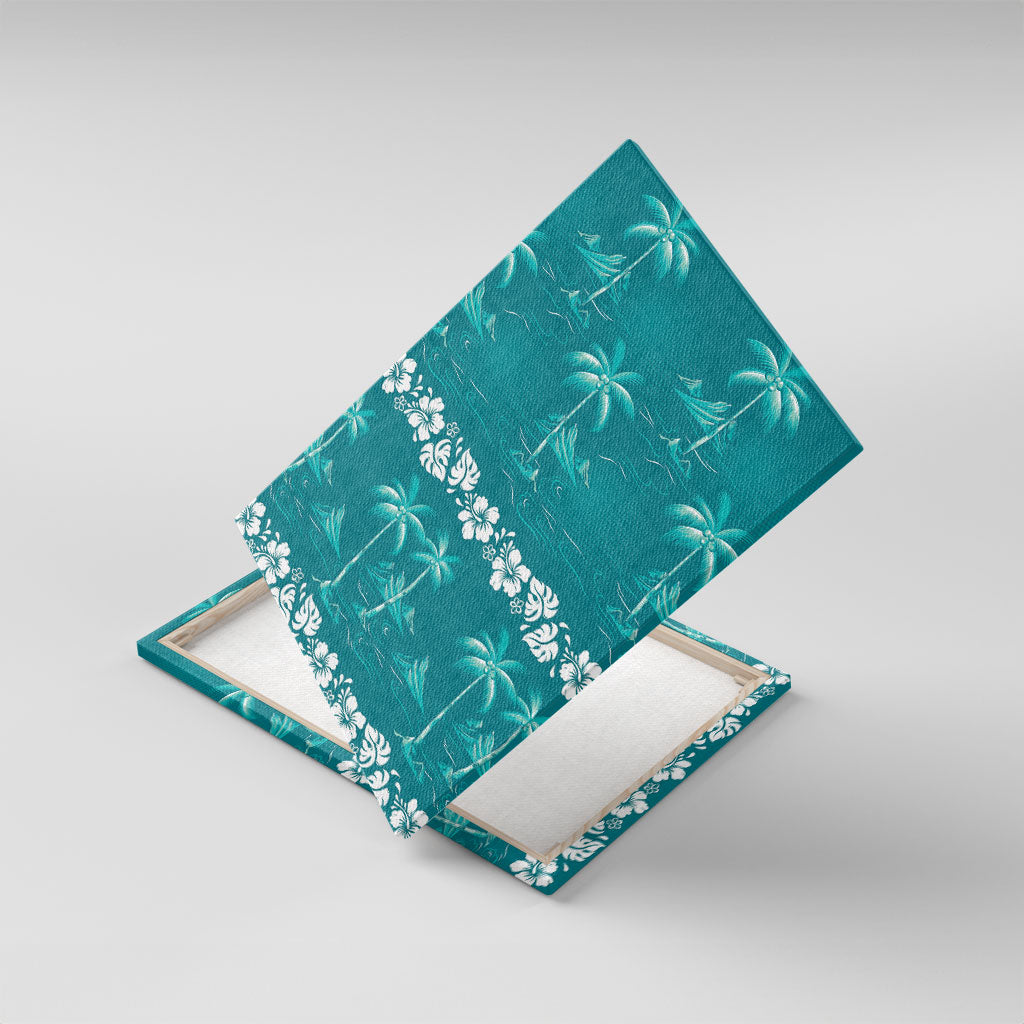 Cyan Hawaii Palm Tree Hibiscus Canvas Wall Art Fantasy Summer Vibe