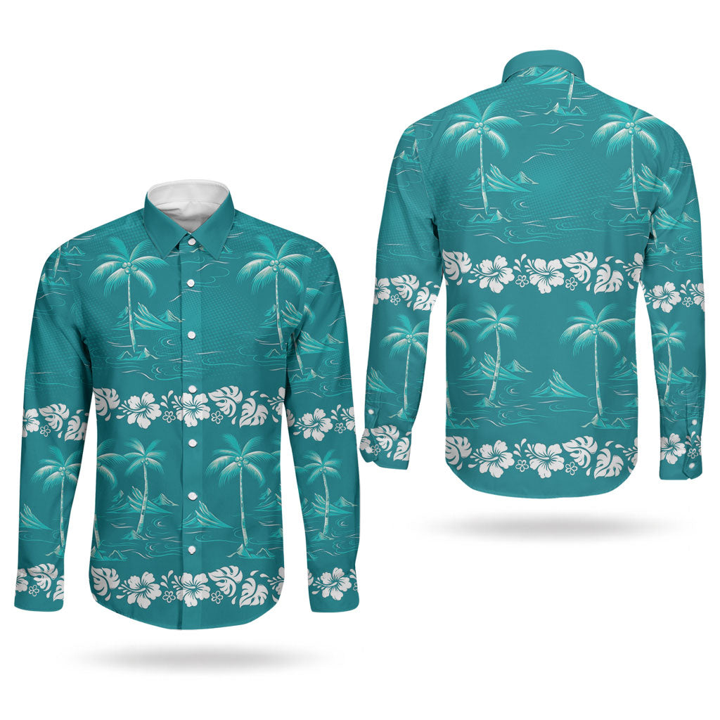 Cyan Hawaii Palm Tree Hibiscus Couples Matching Off Shoulder Maxi Dress and Long Sleeve Button Shirt Fantasy Summer Vibe LT01 - Polynesian Pride