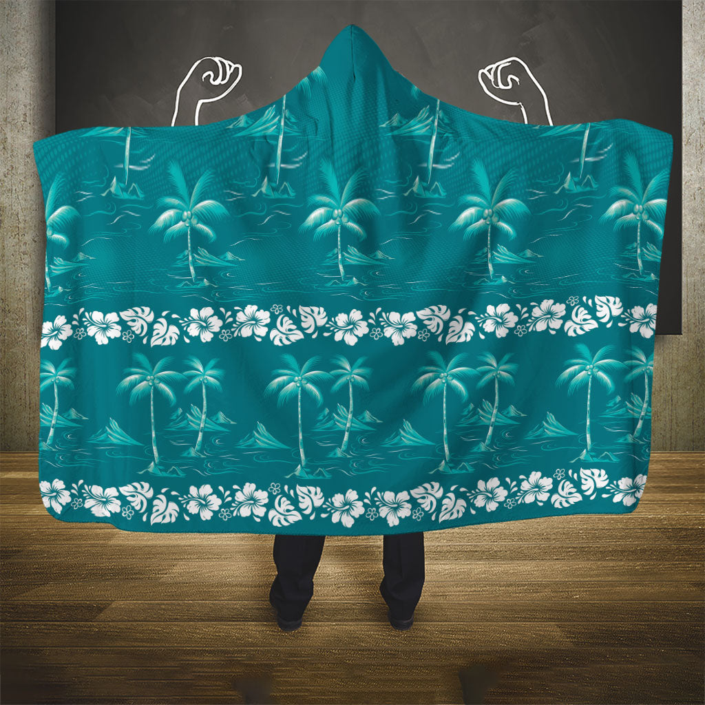 Cyan Hawaii Palm Tree Hibiscus Hooded Blanket Fantasy Summer Vibe