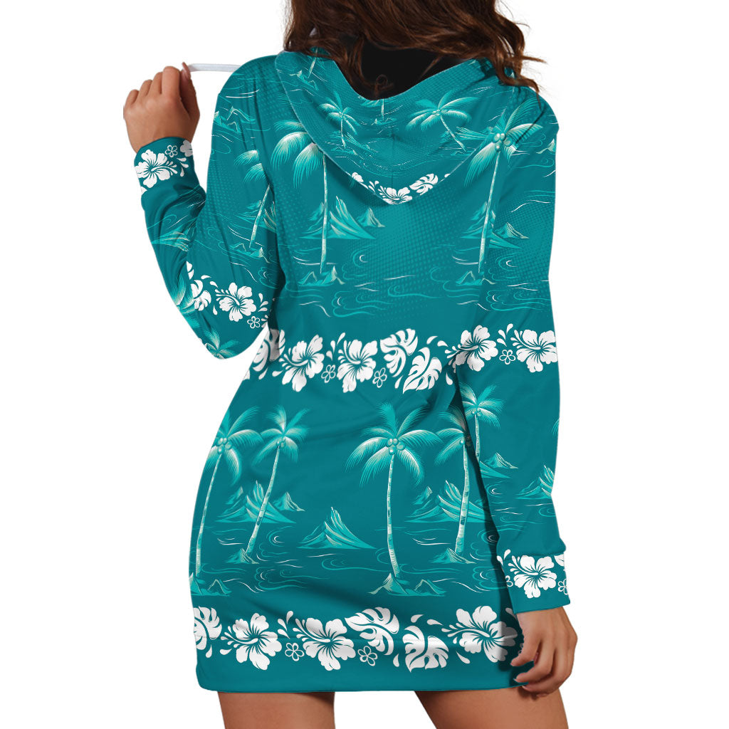 Cyan Hawaii Palm Tree Hibiscus Hoodie Dress Fantasy Summer Vibe LT01 - Polynesian Pride