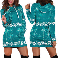 Cyan Hawaii Palm Tree Hibiscus Hoodie Dress Fantasy Summer Vibe LT01 - Polynesian Pride