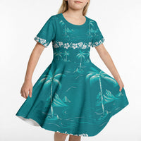 Cyan Hawaii Palm Tree Hibiscus Kid Short Sleeve Dress Fantasy Summer Vibe