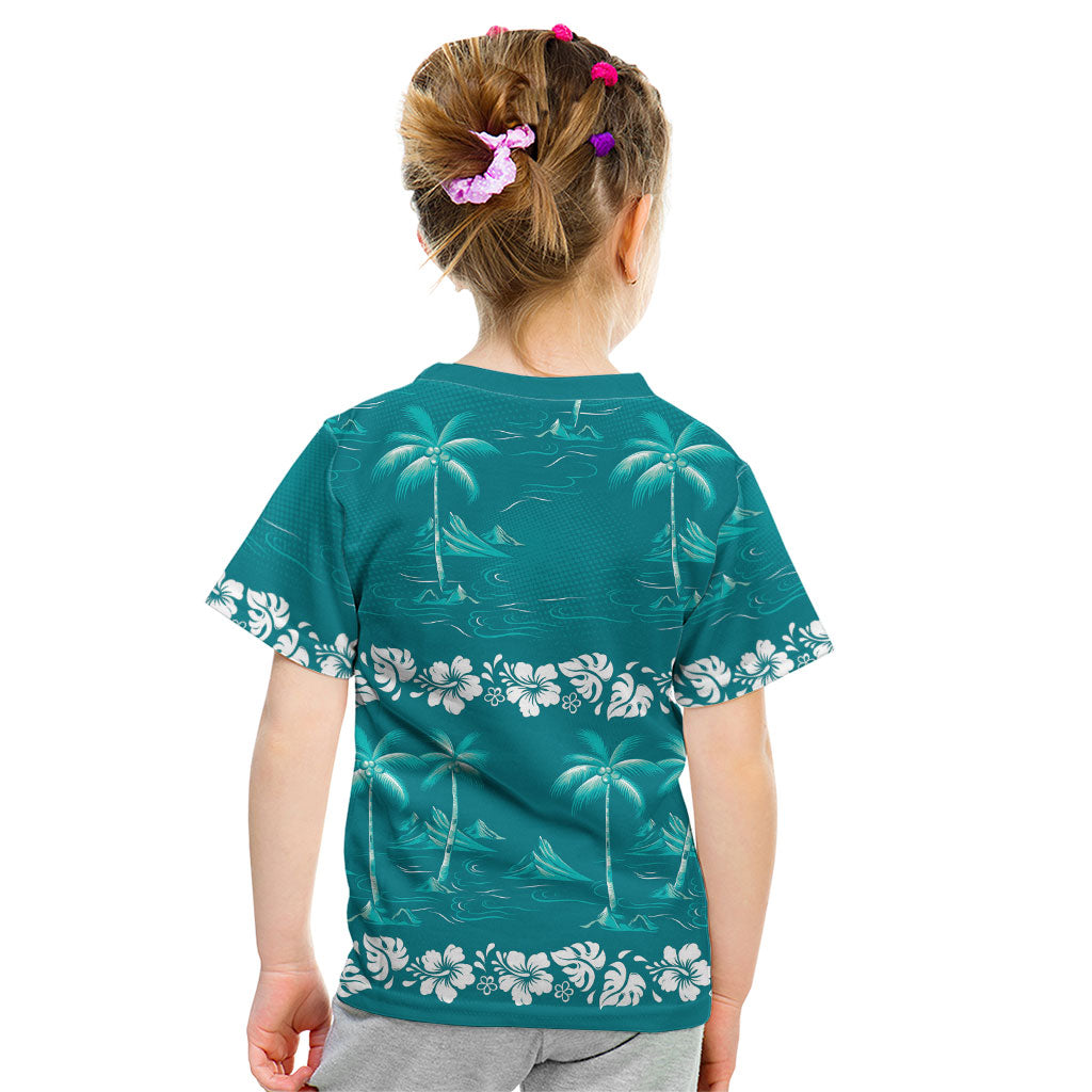 Cyan Hawaii Palm Tree Hibiscus Kid T Shirt Fantasy Summer Vibe