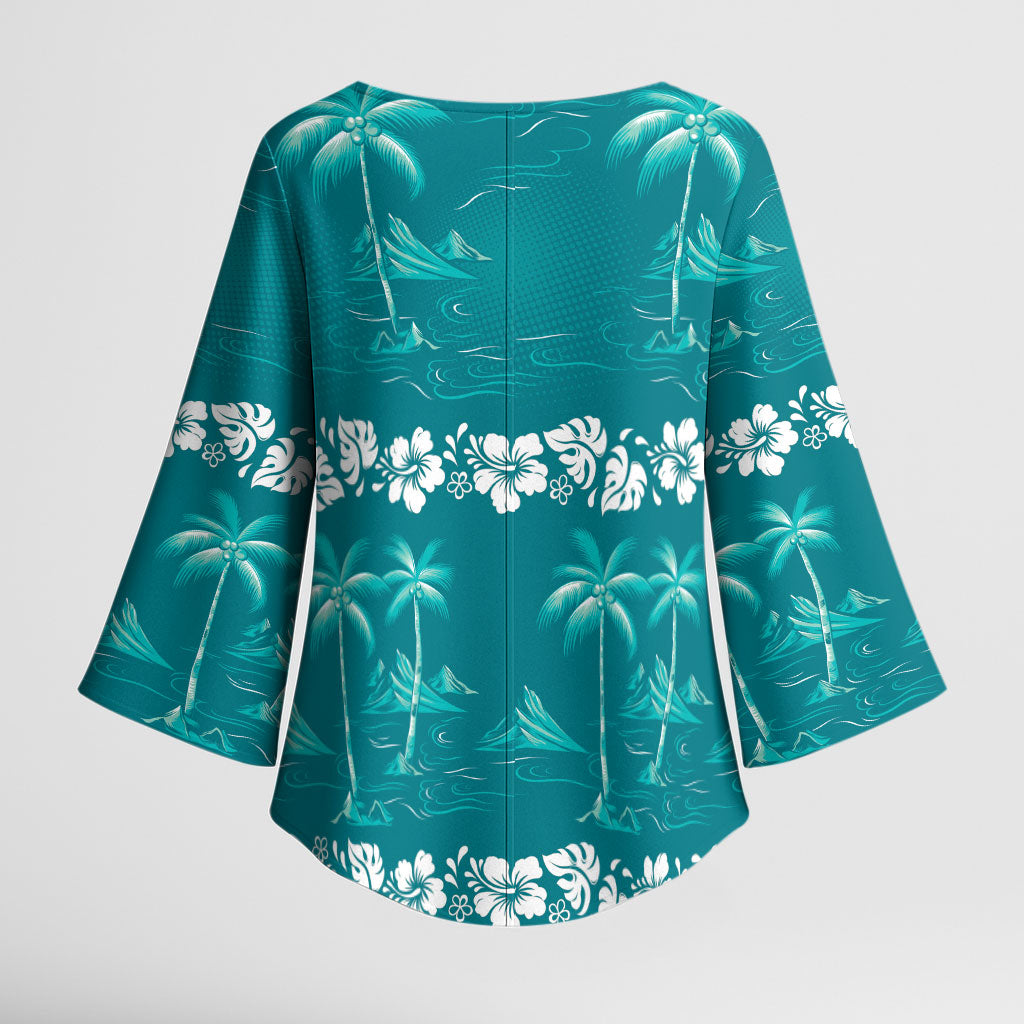 Cyan Hawaii Palm Tree Hibiscus Kimono Sleeve Blouse Fantasy Summer Vibe