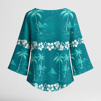 Cyan Hawaii Palm Tree Hibiscus Kimono Sleeve Blouse Fantasy Summer Vibe