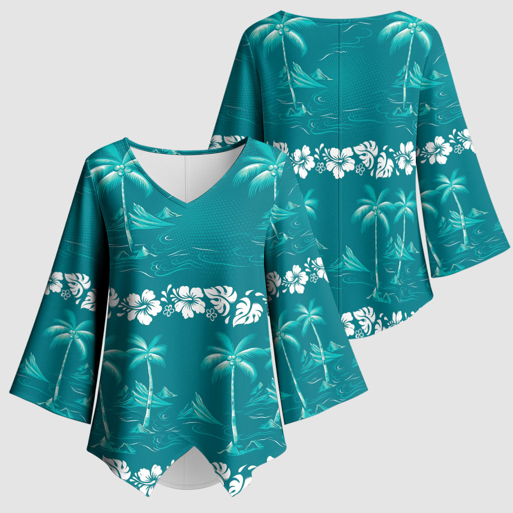 Cyan Hawaii Palm Tree Hibiscus Kimono Sleeve Blouse Fantasy Summer Vibe