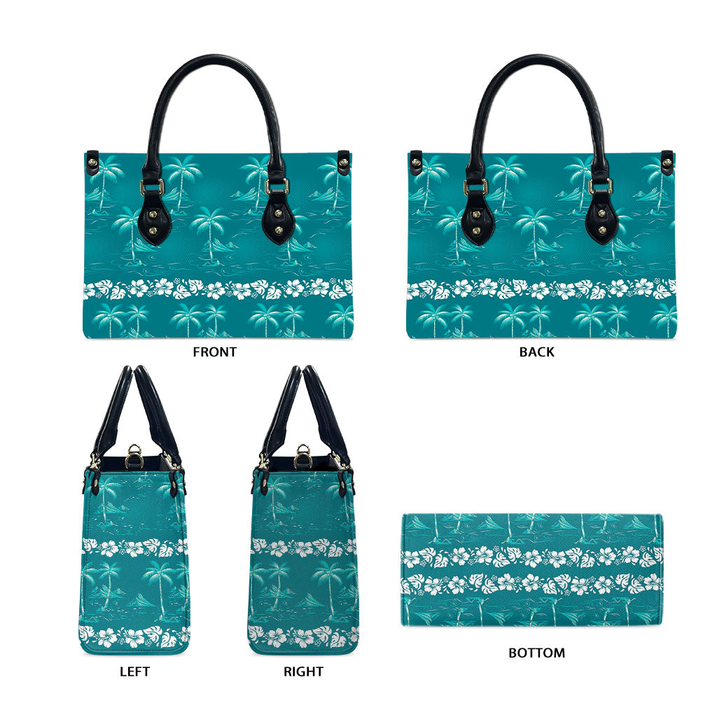 Cyan Hawaii Palm Tree Hibiscus Leather Bag Fantasy Summer Vibe