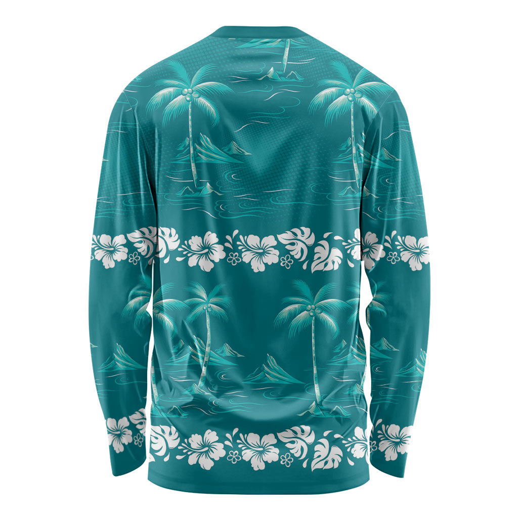 Cyan Hawaii Palm Tree Hibiscus Long Sleeve Shirt Fantasy Summer Vibe