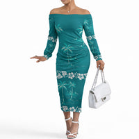 Cyan Hawaii Palm Tree Hibiscus Off The Shoulder Long Sleeve Dress Fantasy Summer Vibe LT01 Women Cyan - Polynesian Pride