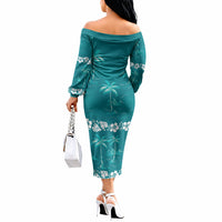 Cyan Hawaii Palm Tree Hibiscus Off The Shoulder Long Sleeve Dress Fantasy Summer Vibe LT01 - Polynesian Pride