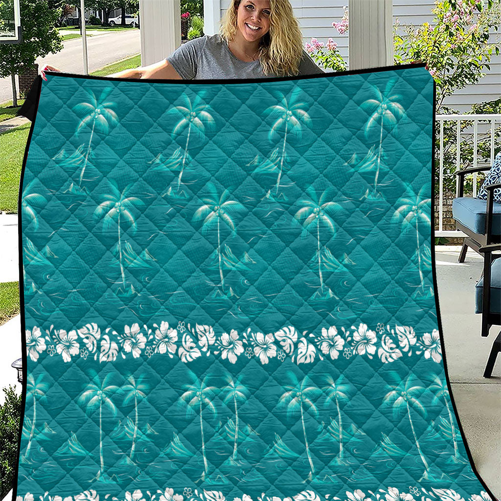 Cyan Hawaii Palm Tree Hibiscus Quilt Fantasy Summer Vibe