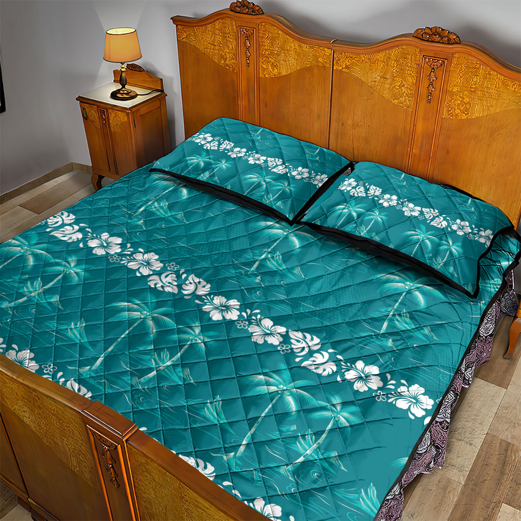 Cyan Hawaii Palm Tree Hibiscus Quilt Bed Set Fantasy Summer Vibe