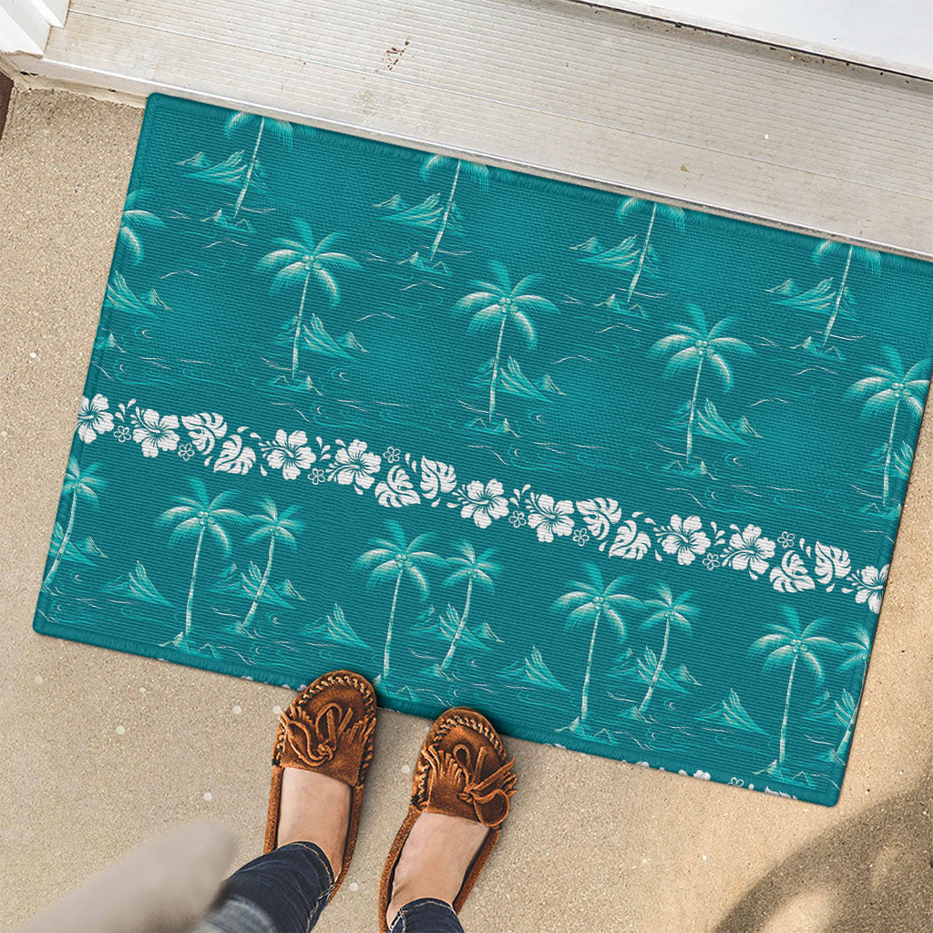 Cyan Hawaii Palm Tree Hibiscus Rubber Doormat Fantasy Summer Vibe