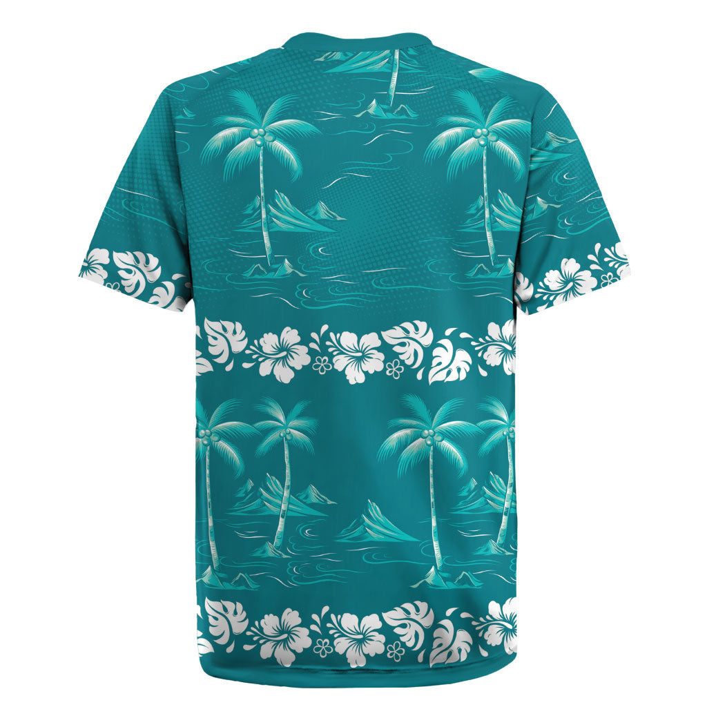 Cyan Hawaii Palm Tree Hibiscus Rugby Jersey Fantasy Summer Vibe
