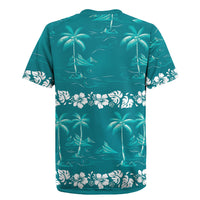 Cyan Hawaii Palm Tree Hibiscus Rugby Jersey Fantasy Summer Vibe