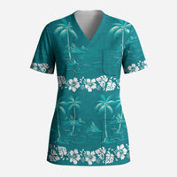 Cyan Hawaii Palm Tree Hibiscus Scrub Top Fantasy Summer Vibe