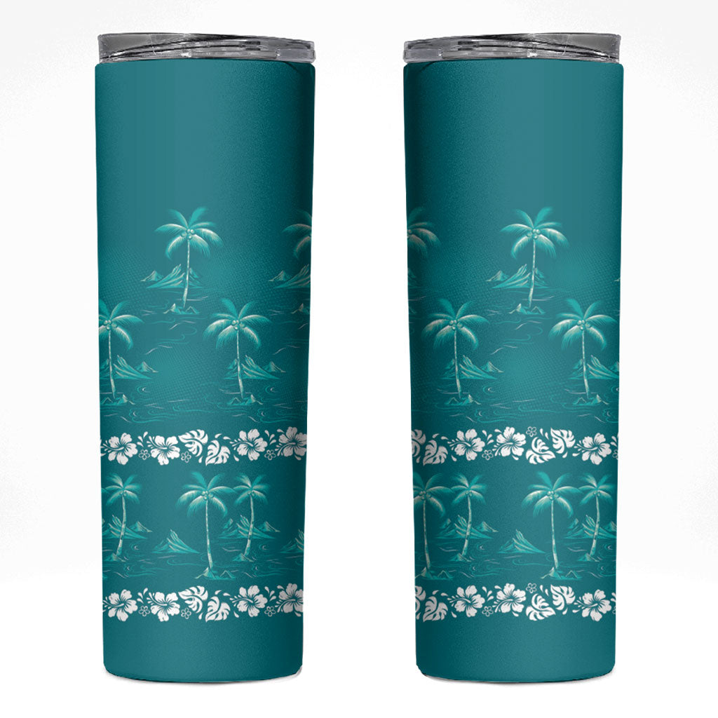 Cyan Hawaii Palm Tree Hibiscus Skinny Tumbler Fantasy Summer Vibe LT01 Cyan - Polynesian Pride