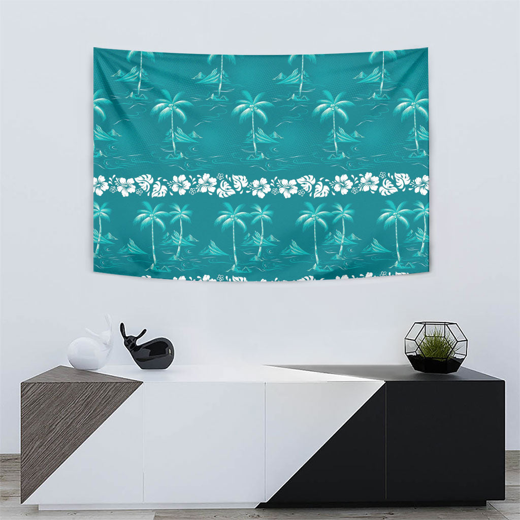 Cyan Hawaii Palm Tree Hibiscus Tapestry Fantasy Summer Vibe