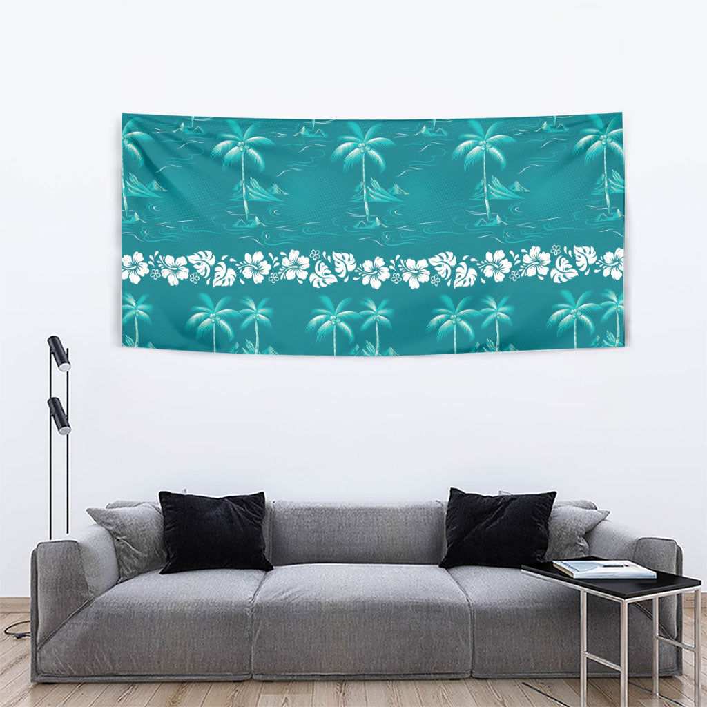 Cyan Hawaii Palm Tree Hibiscus Tapestry Fantasy Summer Vibe