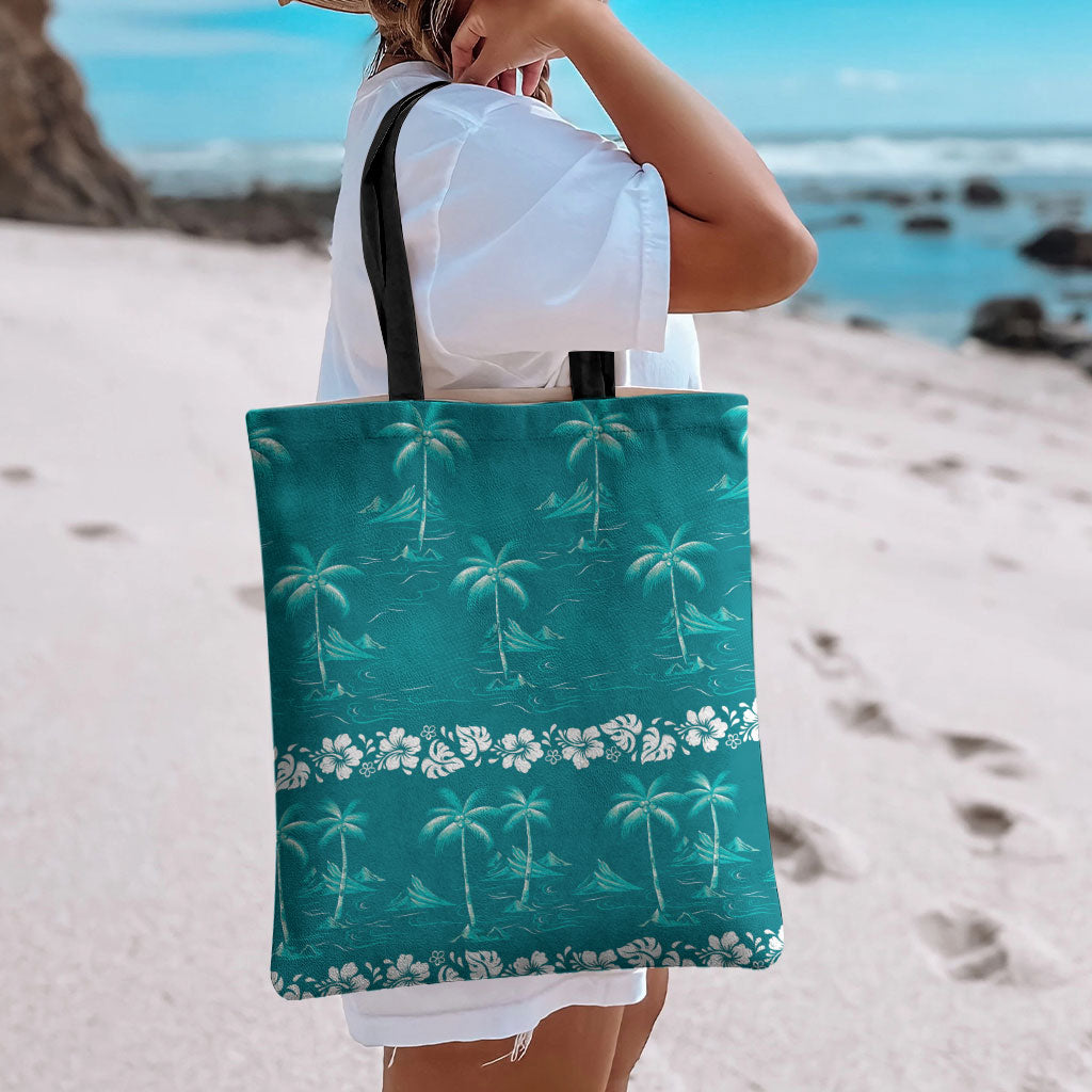 Cyan Hawaii Palm Tree Hibiscus Tote Bag Fantasy Summer Vibe
