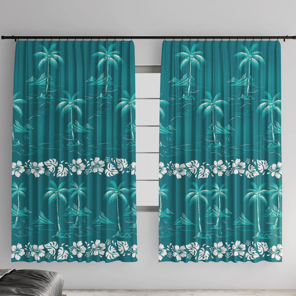 Cyan Hawaii Palm Tree Hibiscus Window Curtain Fantasy Summer Vibe