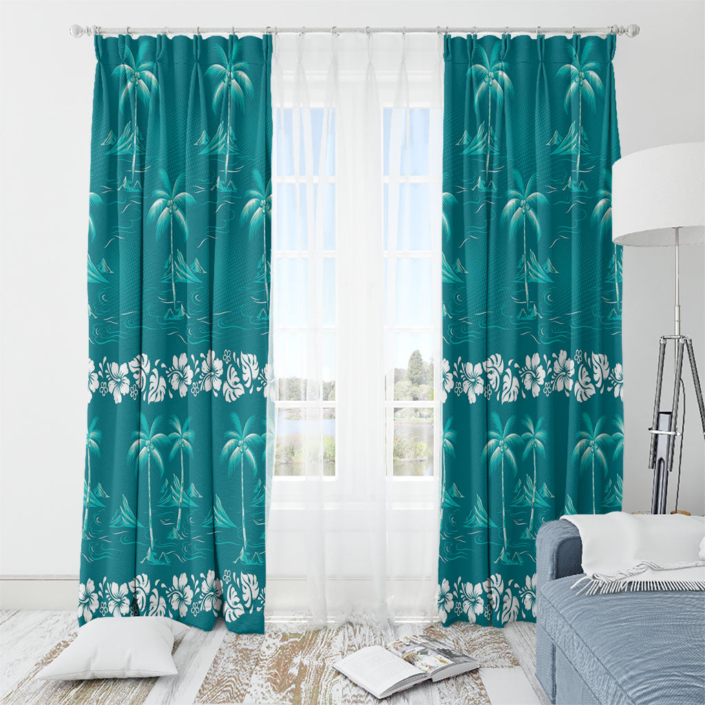 Cyan Hawaii Palm Tree Hibiscus Window Curtain Fantasy Summer Vibe