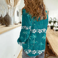 Cyan Hawaii Palm Tree Hibiscus Women Casual Shirt Fantasy Summer Vibe LT01 - Polynesian Pride
