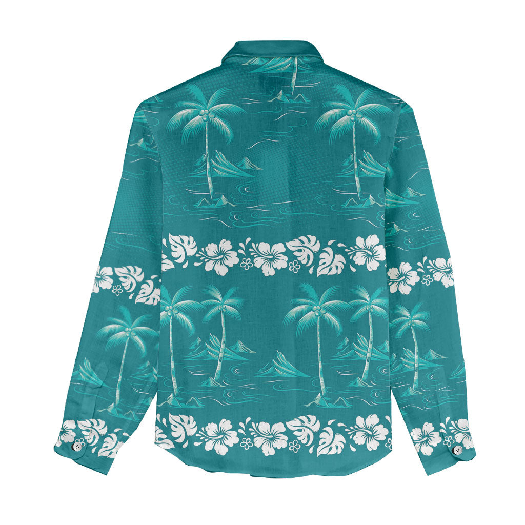 Cyan Hawaii Palm Tree Hibiscus Women Casual Shirt Fantasy Summer Vibe LT01 - Polynesian Pride