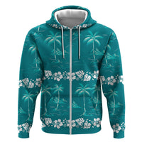 Cyan Hawaii Palm Tree Hibiscus Zip Hoodie Fantasy Summer Vibe