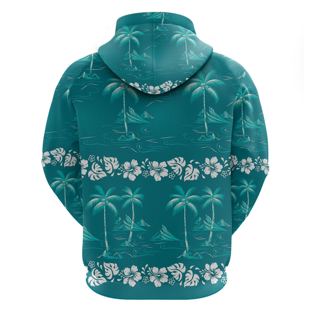 Cyan Hawaii Palm Tree Hibiscus Zip Hoodie Fantasy Summer Vibe
