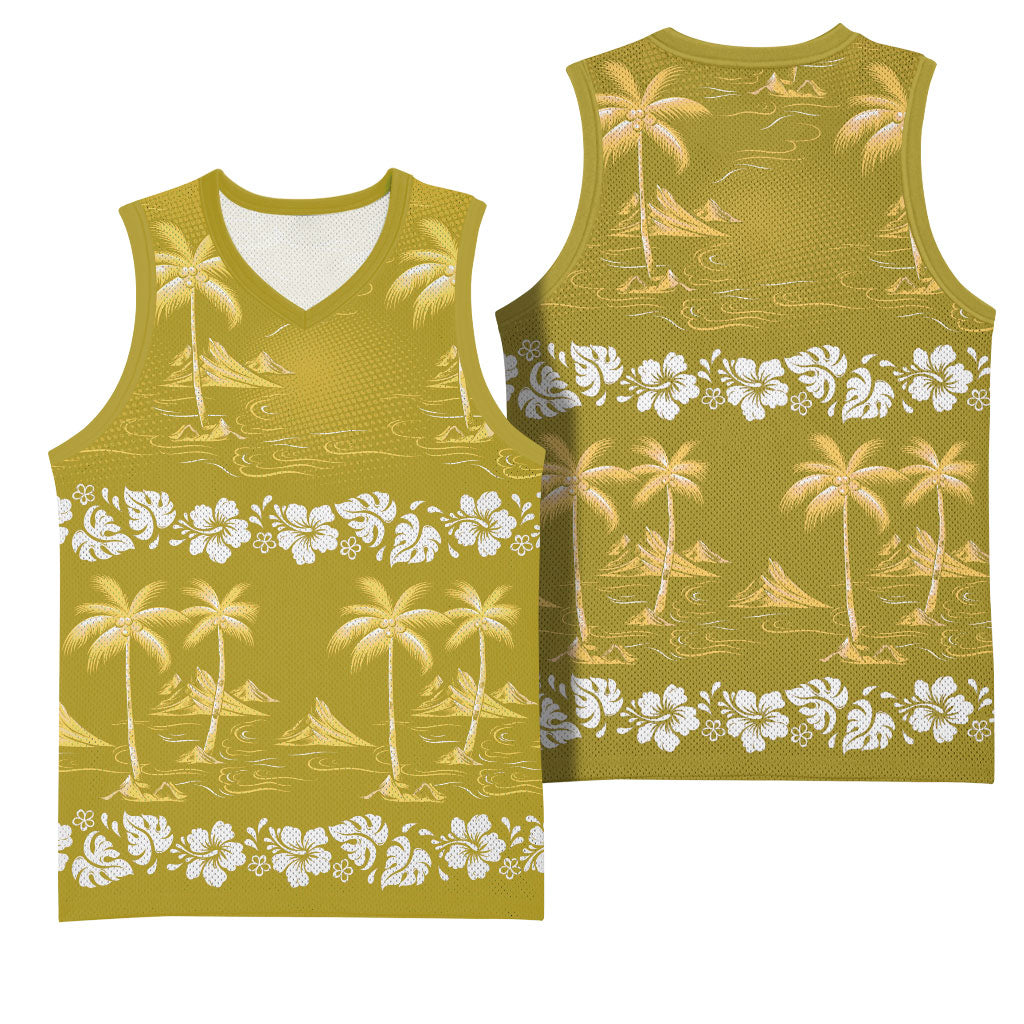 Yellow Hawaii Palm Tree Hibiscus Basketball Jersey Fantasy Summer Vibe