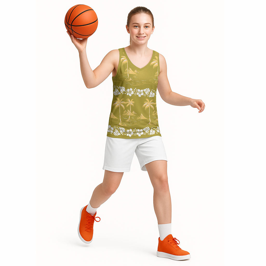 Yellow Hawaii Palm Tree Hibiscus Basketball Jersey Fantasy Summer Vibe