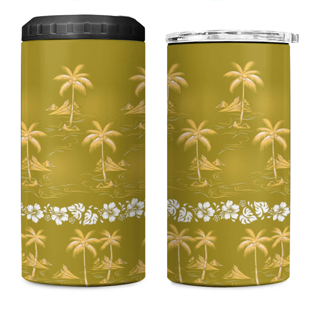 Yellow Hawaii Palm Tree Hibiscus 4 in 1 Can Cooler Tumbler Fantasy Summer Vibe