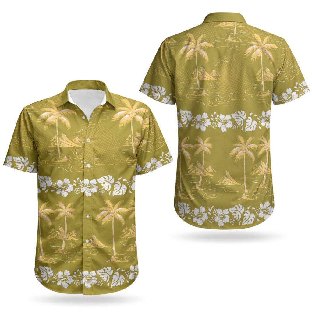 Yellow Hawaii Palm Tree Hibiscus Couples Matching Mermaid Dress and Hawaiian Shirt Fantasy Summer Vibe LT01 - Polynesian Pride