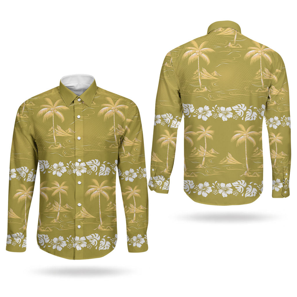Yellow Hawaii Palm Tree Hibiscus Couples Matching Off Shoulder Short Dress and Long Sleeve Button Shirt Fantasy Summer Vibe LT01 - Polynesian Pride