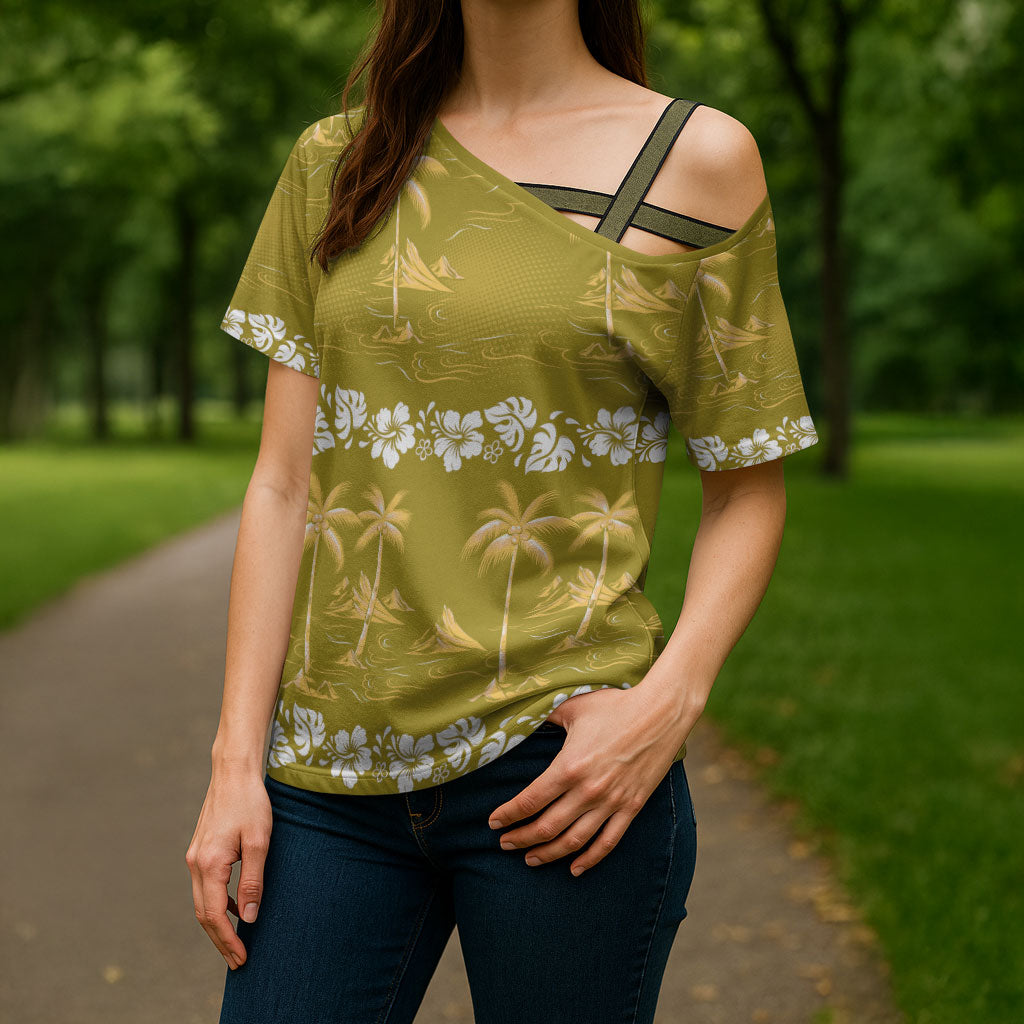 Yellow Hawaii Palm Tree Hibiscus Cross Shoulder Shirt Fantasy Summer Vibe